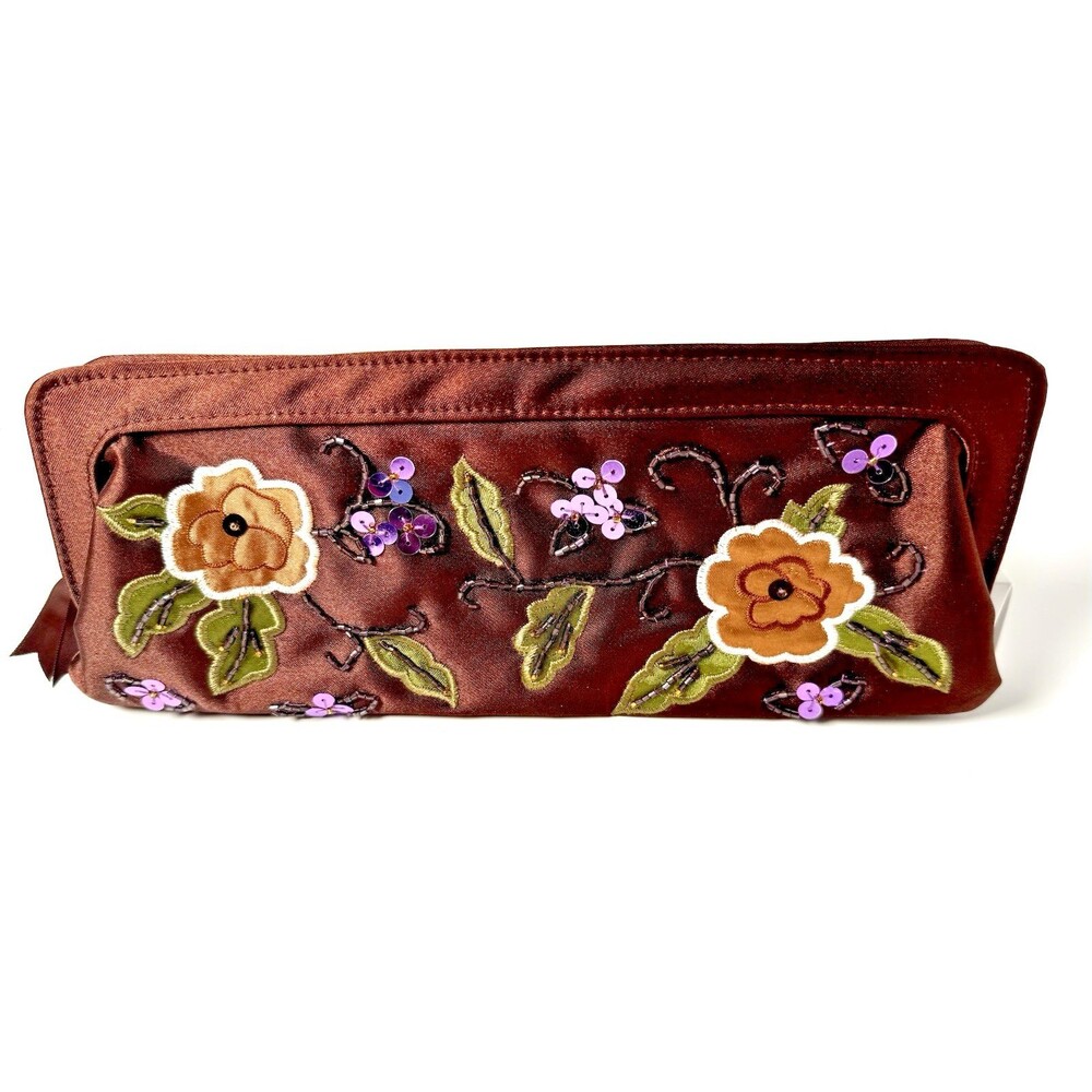 Vintage Avon Brown Satin Floral Beaded Sequin Clutch Purse Evening Bag NOS
